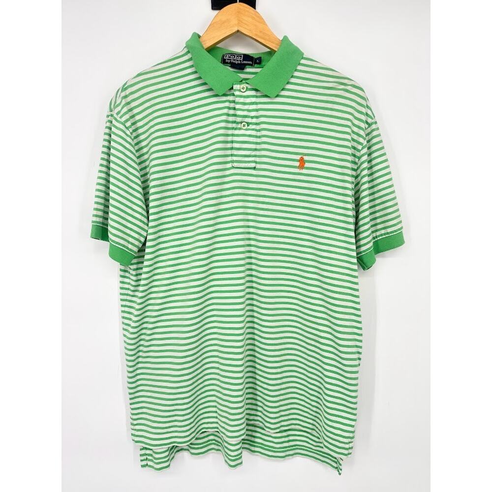 Polo Golf Ralph Lauren Mens L Green White Striped Preppy Casual Polo‎ Golf Shirt